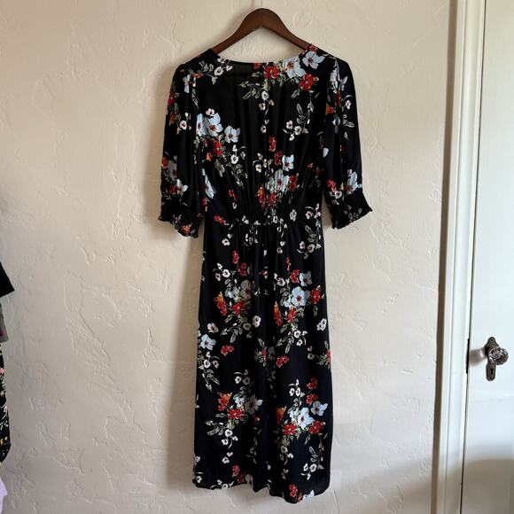 Banana Republic Size 8 Dress - Black Floral Midi Cinched Waist 3/4 Sleeve - Picture 8 of 10